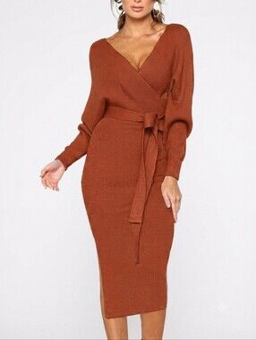Cherfly Wrap-Style Ribbed Knit Midi Dress in Burnt Brick Brown Rust Plus Size 2X